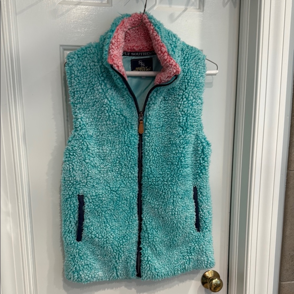 Simply Southern Aqua and Pink Sherpa Vest